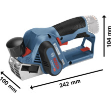 Blauer Bosch Professional Akku-Hobel GHO 12V-20 mit Maßen von 242 Millimeter Länge, 104 Millimeter Höhe und 100 Millimeter Breite.