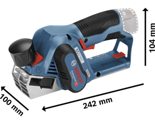 Blauer Bosch Professional Akku-Hobel GHO 12V-20 mit Maßen von 242 Millimeter Länge, 104 Millimeter Höhe und 100 Millimeter Breite.
