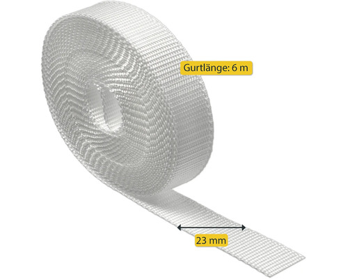 Weißer Rollladengurt mit einer Länge von 6 Metern und einer Breite von 23 Millimetern.