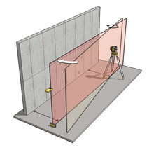 Illustration eines Rotationslasers auf einem Stativ, der eine vertikale Ebene zur Ausrichtung und Messung an einer Wand projiziert.