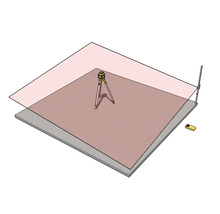 Illustration eines Rotationslasers auf einem Stativ, der eine horizontale Ebene über einer Betonfläche erzeugt, inklusive Messlatte und Empfänger.