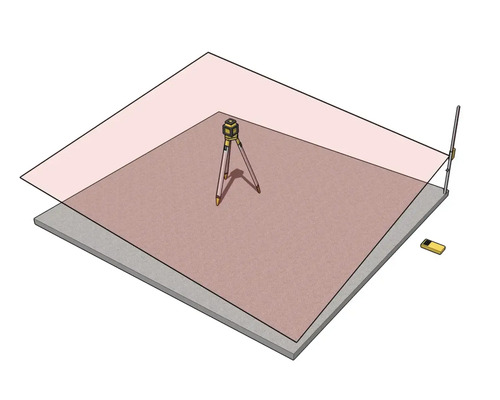 Illustration eines Rotationslasers auf einem Stativ, der eine horizontale Ebene über einer Betonfläche erzeugt, inklusive Messlatte und Empfänger.
