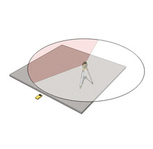 Illustration eines Rotationslasers auf einem Stativ mit 360 Grad Projektion, Sektor Modus Funktion und Empfänger auf einer grauen Fläche.