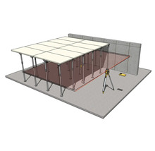 Rotationslaser auf Stativ projiziert eine horizontale Ebene zur Ausrichtung von Baustützen unter einer Deckenkonstruktion.