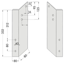 Technische Zeichnung von zwei Bauteilen mit Maßen in Millimeter. Gesamthöhe 332 Millimeter, Breite 80 Millimeter.