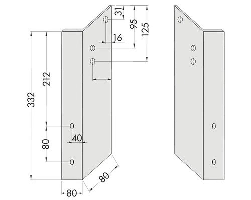 Technische Zeichnung von zwei Bauteilen mit Maßen in Millimeter. Gesamthöhe 332 Millimeter, Breite 80 Millimeter.