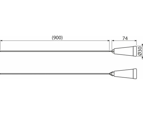 Maßzeichnung eines Seilzugs: Länge 900 Millimeter, Grifflänge 74 Millimeter, Durchmesser 30 Millimeter.