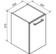 Maßzeichnung eines Schranks mit den Maßen: Höhe 575 Millimeter, Breite 397 Millimeter und Tiefe 350 Millimeter.
