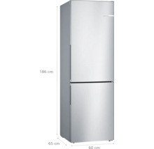 Bosch Kühl-Gefrier-Kombination in Edelstahl-Optik mit einer Höhe von 186 Zentimetern, einer Breite von 60 Zentimetern und einer Tiefe von 65 Zentimetern.