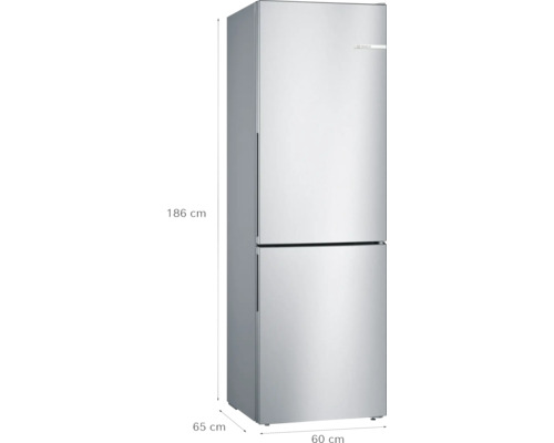 Bosch Kühl-Gefrier-Kombination in Edelstahl-Optik mit einer Höhe von 186 Zentimetern, einer Breite von 60 Zentimetern und einer Tiefe von 65 Zentimetern.