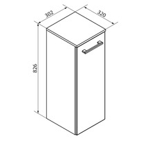 Maßzeichnung eines Schranks mit einer Tür und einem Griff. Breite 302 Millimeter, Tiefe 320 Millimeter, Höhe 826 Millimeter.