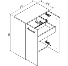 Maßzeichnung Schrank, Höhe 826 Millimeter, Breite 602 Millimeter, Tiefe 320 Millimeter, mit Türen und einer Innenschublade.