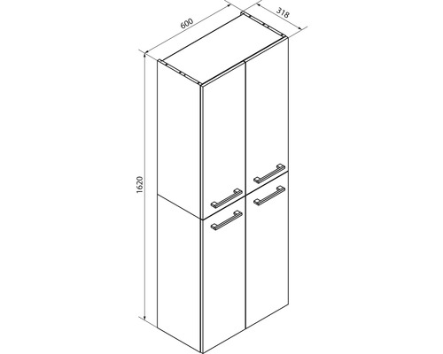 Maßzeichnung für einen Bad-Hochschrank mit vier Türen. Höhe 1620 Millimeter, Breite 600 Millimeter, Tiefe 318 Millimeter.