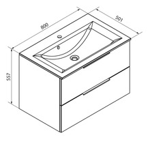 Maßzeichnung Waschbeckenunterschrank mit zwei Schubladen. Breite 800 Millimeter, Tiefe 501 Millimeter, Höhe 557 Millimeter.