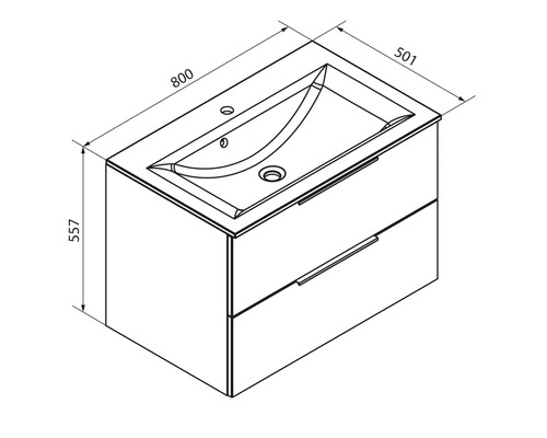 Maßzeichnung Waschbeckenunterschrank mit zwei Schubladen. Breite 800 Millimeter, Tiefe 501 Millimeter, Höhe 557 Millimeter.