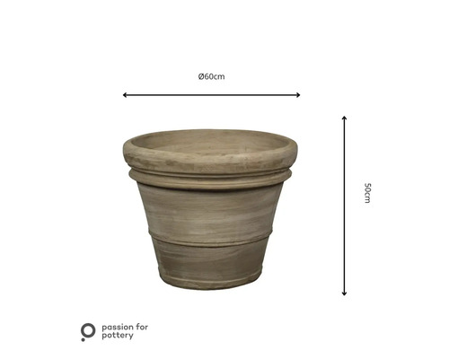 Runder Pflanzkübel aus Keramik mit horizontalen Rillen, Durchmesser 60 Zentimeter, Höhe 50 Zentimeter, passion for pottery Logo