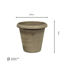 Runder Pflanztopf aus Keramik, Durchmesser 55 Zentimeter, Höhe 50 Zentimeter. passion for pottery Logo.