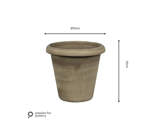 Runder Pflanztopf aus Keramik, Durchmesser 55 Zentimeter, Höhe 50 Zentimeter. passion for pottery Logo.