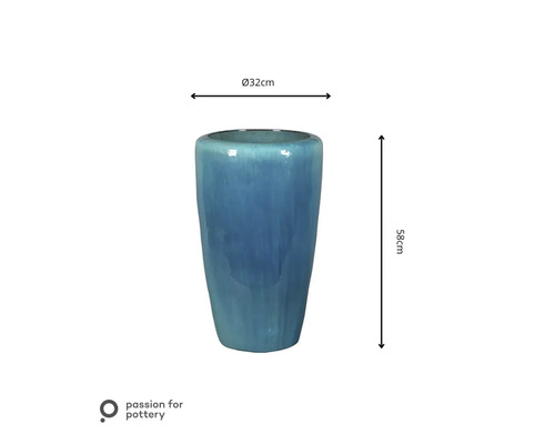 Hohes, konisches Pflanzgefäß aus Keramik in Blau, Durchmesser 32 Zentimeter, Höhe 58 Zentimeter, passion for pottery Logo.