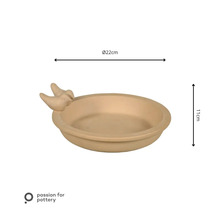 Vogelbad aus Keramik mit zwei dekorativen Vögeln am Rand, Durchmesser 22 Zentimeter, Höhe 11 Zentimeter, passion for pottery Logo.