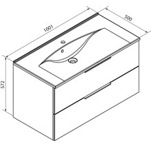 Technische Zeichnung Waschtischunterschrank mit Waschbecken und zwei Schubladen, Breite 1001 Millimeter, Tiefe 500 Millimeter, Höhe 572 Millimeter.