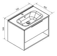 Technische Zeichnung Waschbeckenunterschrank mit Waschtisch, Schublade und Fach. Maße: Breite 705, Tiefe 465, Höhe 508 Millimeter.