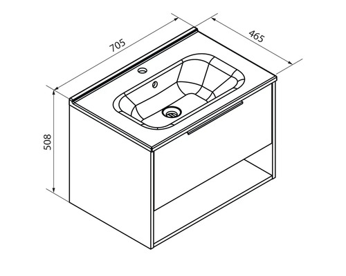 Technische Zeichnung Waschbeckenunterschrank mit Waschtisch, Schublade und Fach. Maße: Breite 705, Tiefe 465, Höhe 508 Millimeter.