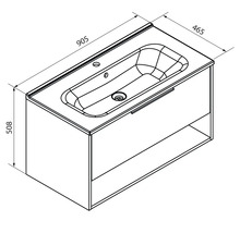 Technische Zeichnung: Waschtisch mit Unterschrank, Schublade und Fach. Maße: 905 Millimeter breit, 465 Millimeter tief, 508 Millimeter hoch.