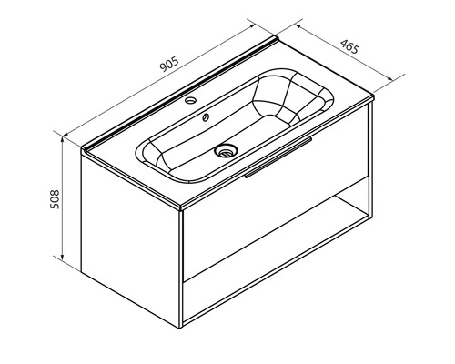 Technische Zeichnung: Waschtisch mit Unterschrank, Schublade und Fach. Maße: 905 Millimeter breit, 465 Millimeter tief, 508 Millimeter hoch.