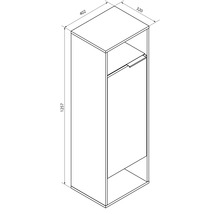 Maßzeichnung Badschrank mit einer Tür und zwei offenen Fächern. Höhe 1257 Millimeter, Breite 402 Millimeter, Tiefe 320 Millimeter.