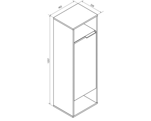 Maßzeichnung Badschrank mit einer Tür und zwei offenen Fächern. Höhe 1257 Millimeter, Breite 402 Millimeter, Tiefe 320 Millimeter.