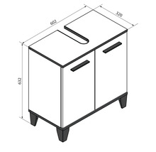 Maßzeichnung Waschbeckenunterschrank mit zwei Türen, Breite 602 Millimeter, Höhe 632 Millimeter, Tiefe 320 Millimeter.