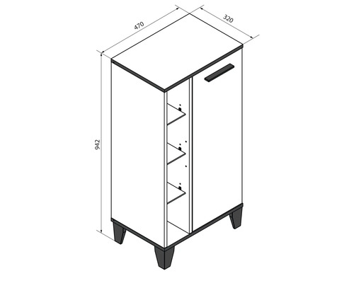 Technische Zeichnung Badschrank mit einer Tür und Regal. Maße: Höhe 942, Breite 470, Tiefe 320 Millimeter.