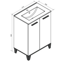 Waschbeckenunterschrank mit zwei Türen und Waschbecken, Breite 614 Millimeter, Tiefe 400 Millimeter, Höhe 869 Millimeter.