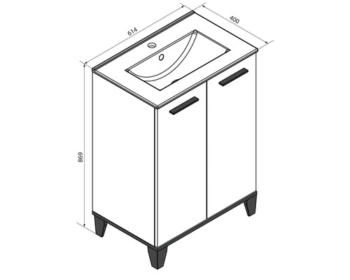 Waschbeckenunterschrank mit zwei Türen und Waschbecken, Breite 614 Millimeter, Tiefe 400 Millimeter, Höhe 869 Millimeter.