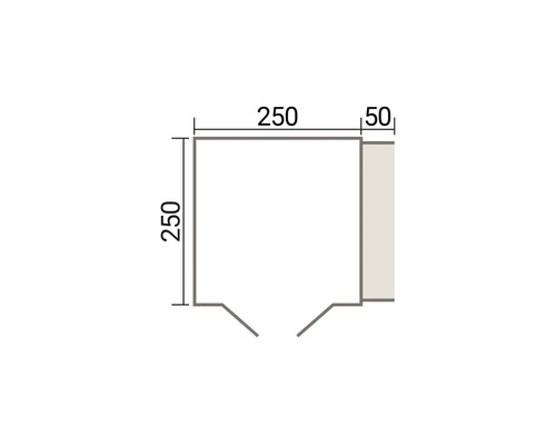 Technische Zeichnung eines Grundrisses mit Maßen von 250 Zentimeter mal 250 Zentimeter sowie einem 50 Zentimeter Anbau.
