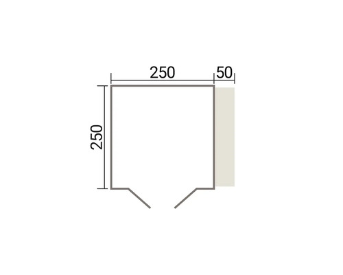 Technische Zeichnung eines quadratischen Elements mit Maßen von 250 mal 250 Millimetern und einer zusätzlichen Breite von 50 Millimetern.
