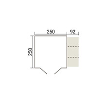 Technische Zeichnung eines quadratischen Grundrisses mit Maßen von 250 mal 250 Zentimeter und einem zusätzlichen Anbau von 92 Zentimeter Breite.