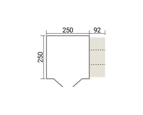 Technische Zeichnung eines quadratischen Grundrisses mit Maßen von 250 mal 250 Zentimeter und einem zusätzlichen Anbau von 92 Zentimeter Breite.