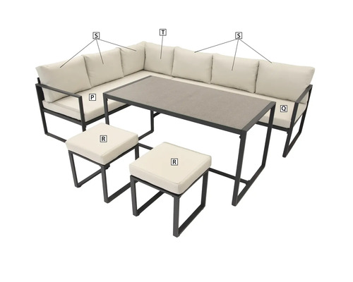 Garten-Lounge-Set bestehend aus einem Ecksofa, einem hohen Tisch und zwei Hockern mit Metallgestellen und Polstern.