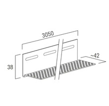 Technische Zeichnung eines Belüftungsprofils mit den Maßen 3050 Millimeter Länge, 38 Millimeter Höhe und circa 42 Millimeter Breite.