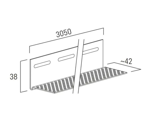 Technische Zeichnung eines Belüftungsprofils mit den Maßen 3050 Millimeter Länge, 38 Millimeter Höhe und circa 42 Millimeter Breite.