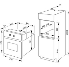 Technische Zeichnung mit Maßen für einen Einbaubackofen und dessen Einbau in einen Küchenhochschrank.