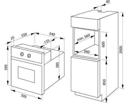Technische Zeichnung mit Maßen für einen Einbaubackofen und dessen Einbau in einen Küchenhochschrank.