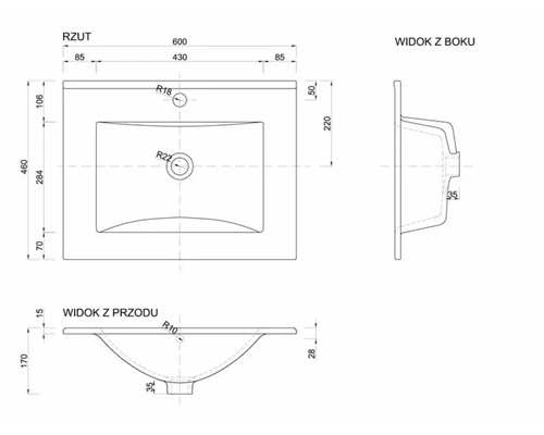 Maßzeichnung eines Möbelwaschtisches mit Draufsicht, Seitenansicht und Vorderansicht sowie Angaben der Abmessungen in Millimeter.