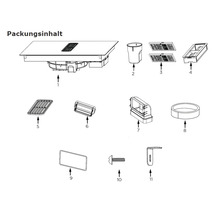 Packungsinhalt eines Induktionskochfelds mit integriertem Dunstabzug inklusive Filter, Montagematerial und Zubehörteilen.