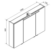 Spiegelschrank mit Beleuchtung, drei Türen, Breite 1000 Millimeter, Höhe 680 Millimeter, Tiefe 158 Millimeter.