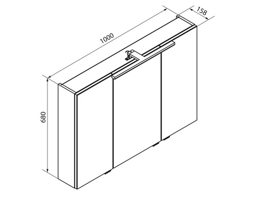 Spiegelschrank mit Beleuchtung, drei Türen, Breite 1000 Millimeter, Höhe 680 Millimeter, Tiefe 158 Millimeter.