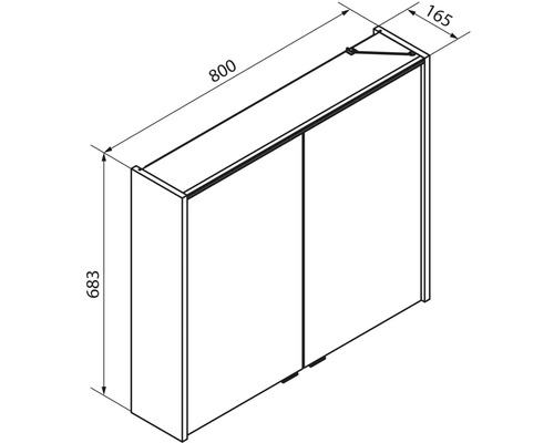 Maßzeichnung eines zweitürigen Spiegelschranks, Breite 800 Millimeter, Höhe 683 Millimeter, Tiefe 165 Millimeter.