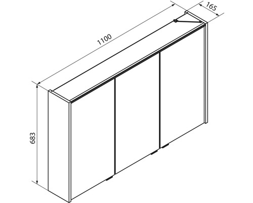 Maßskizze für Spiegelschrank mit drei Türen, Breite 1100 Millimeter, Höhe 683 Millimeter, Tiefe 165 Millimeter.